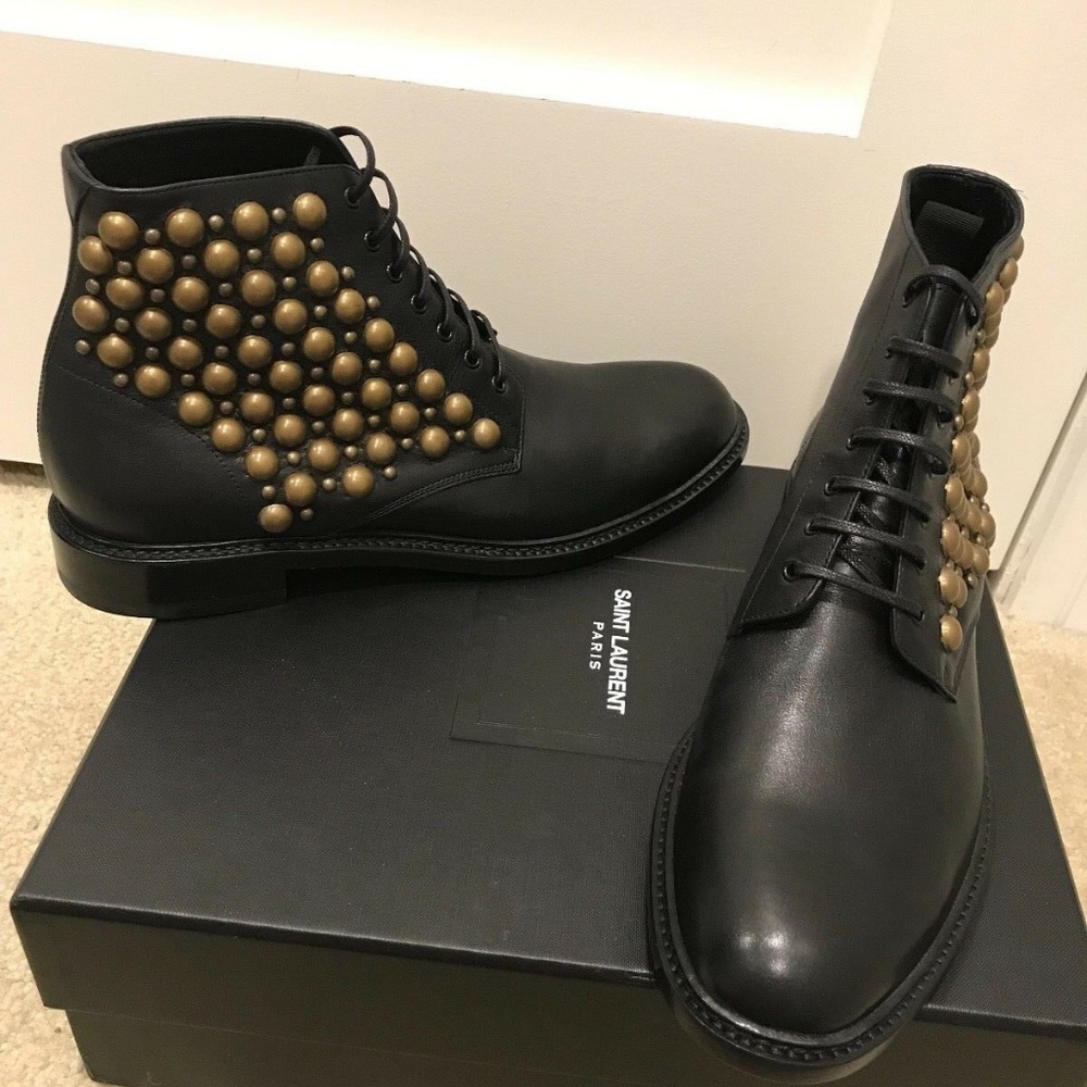 Saint Laurent Black Leather Lace Up Ankle Boots With Side Studs Sz 10.5/40.5 New